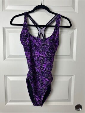 Speedo Women’s Purple Black Dots Cross Back Strap One-Piece Swimsuit size 8